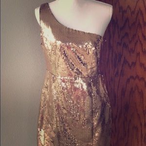 Rose gold one strap dress.